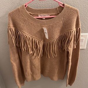 LOFT Camel Fringe Crew Neck Sweater
